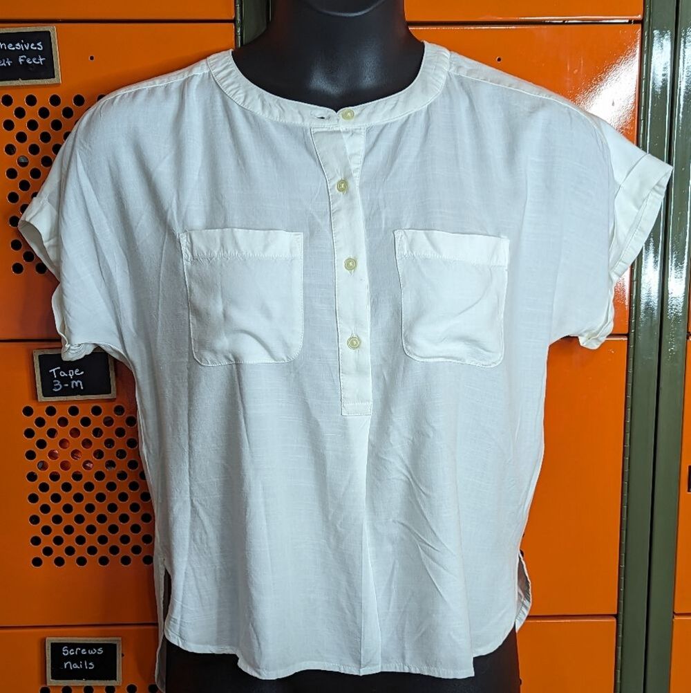 NWT LOFT White Henley Dolman Sleeve Top Patch Pocket Oversized XXS